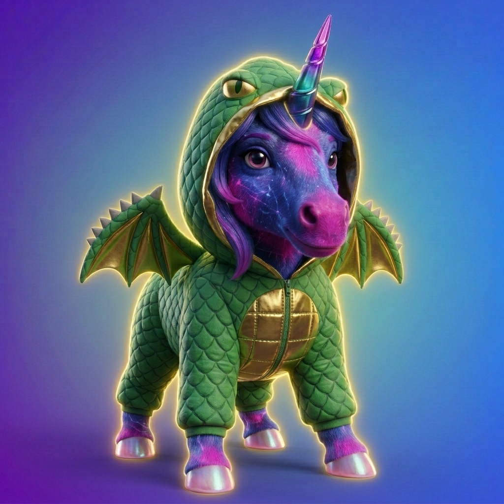 The dark-purple Toly Unicorn wearing a green dragon suit